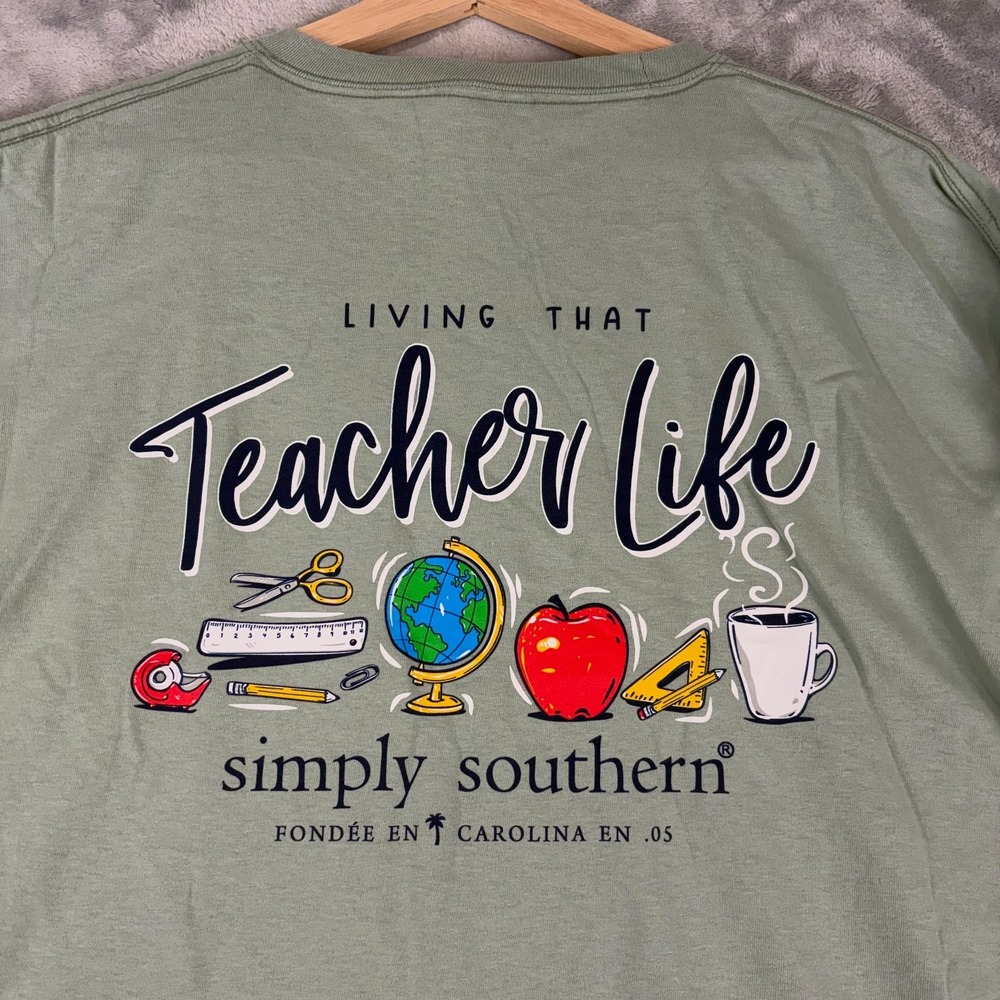 Simply Southern T-Shirt Womens XXL Long Sleeve Teacher Life Inspire Green NEW - Picture 9 of 9